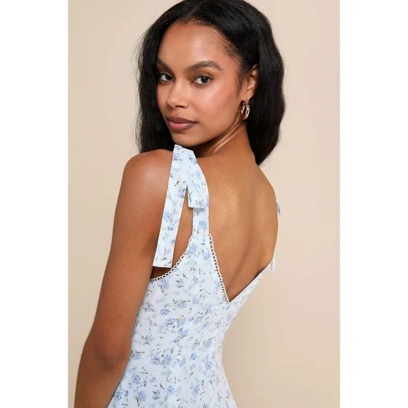 Lulus Charismatic Persona Light Blue Floral Tie-Strap Midi Dress Size XL - Picture 5 of 5